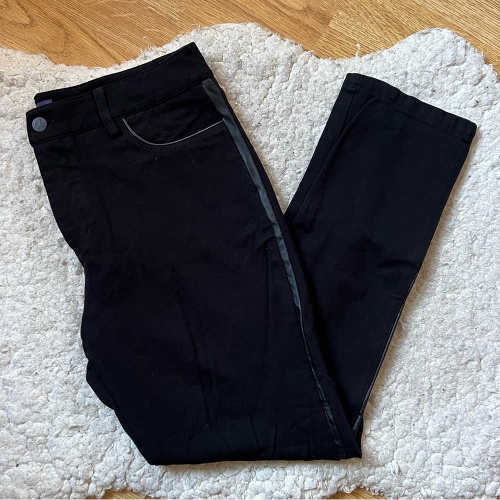 NYDJ: Black Stretchy Faux Leather Tuxedo Lift Tuck Technology Dress Pants